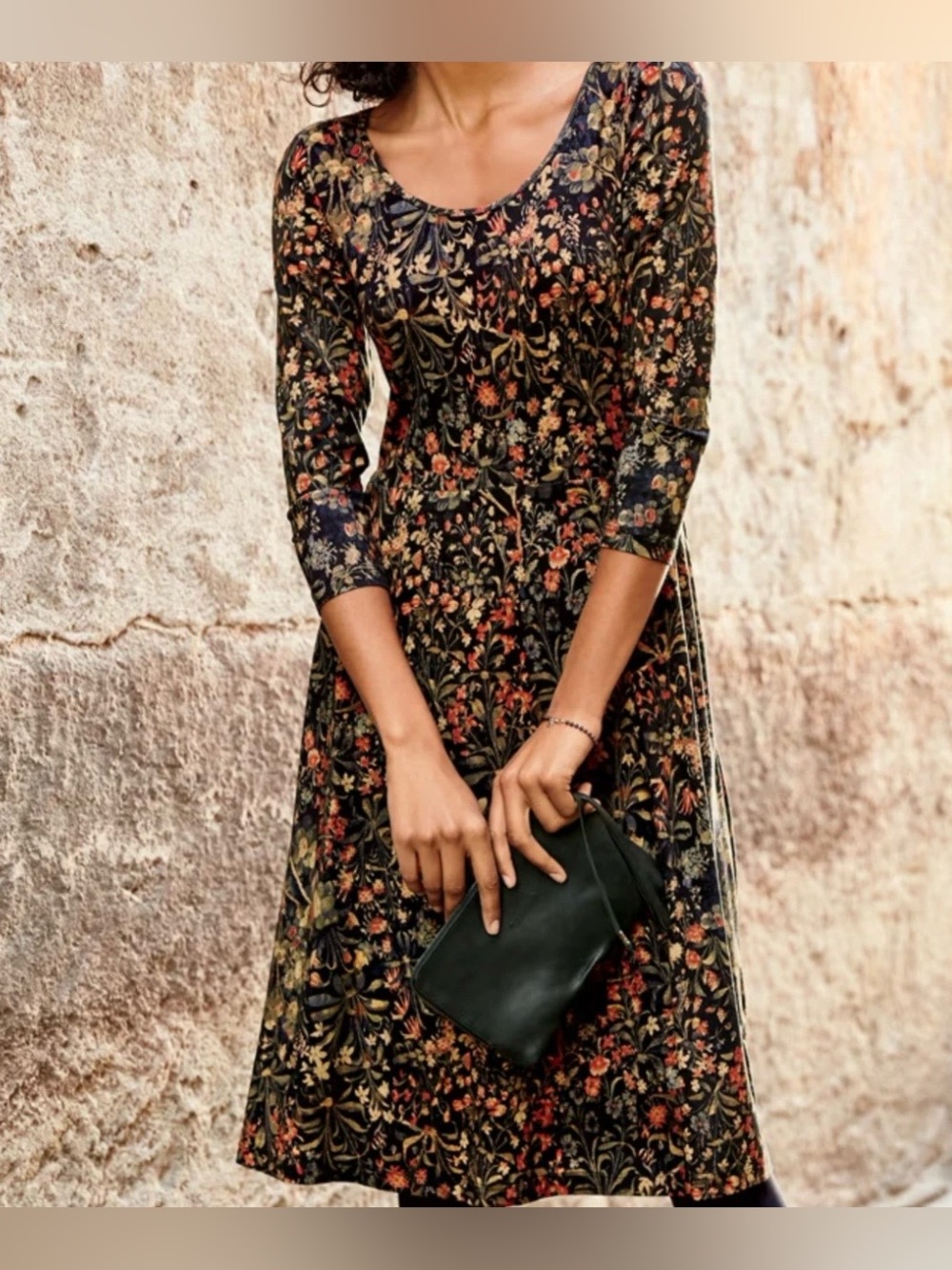 PERUVIAN CONNECTION Black Floral Long Sleeve Scoop Neck Viscose Midi Dress Sz M